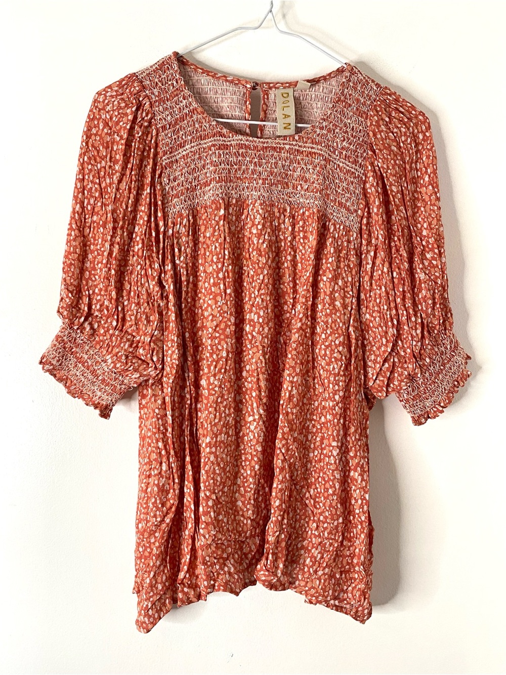 Dolan Rust Smocked Peasant Blouse Balloon Sleeves Boho Printed Top